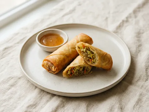 Illustration — two crisp vegetable spring rolls with plum dipping sauce.