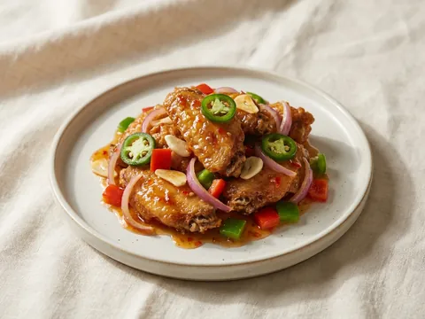 Illustration — fried chicken wings with onion, jalapeno and bell pepper in sweet chili sauce.