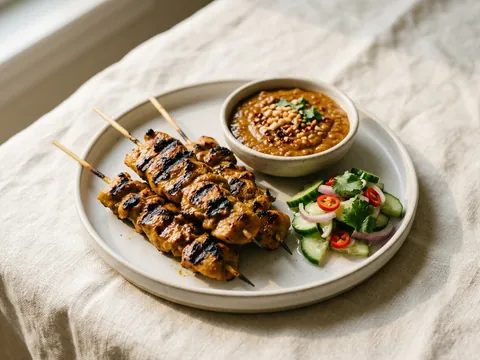 Illustration — grilled chicken satay skewers with peanut sauce and cucumber salad.