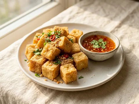 Illustration — crispy fried tofu cubes with a dish of sweet chili sauce.