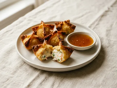 Illustration — golden crab rangoon with plum dipping sauce.