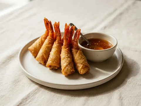 Illustration — crispy fried jumbo shrimp in spring roll pastry with plum sauce.