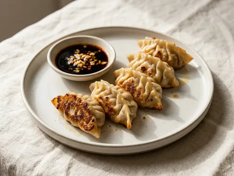 Illustration — pan-fried pork pot stickers with garlic soy dipping sauce.