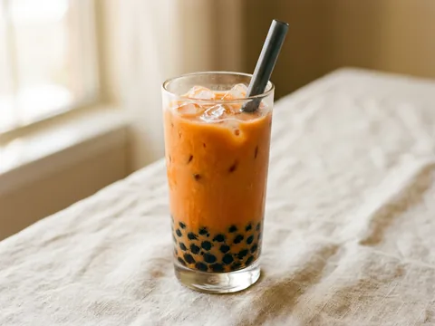 Illustration — Thai milk tea over tapioca pearls in a tall glass.