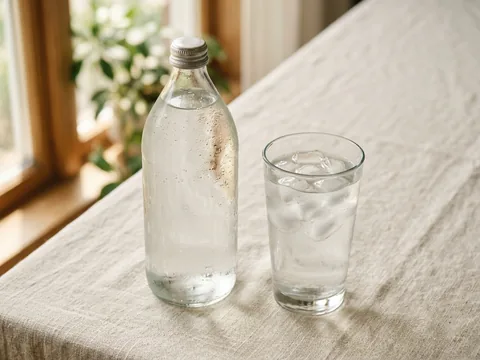 Illustration — a bottle of still water with a glass of ice water.
