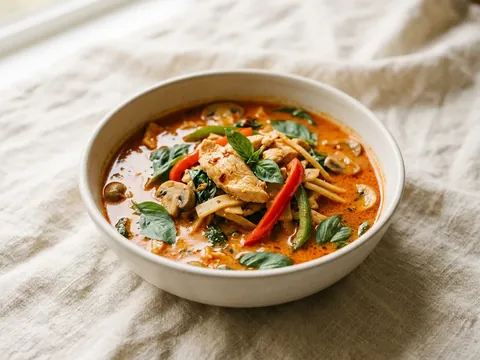 Illustration — gang gai: chicken, bell pepper, bamboo, mushroom and basil in red coconut curry.