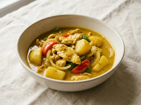 Illustration — gang ga ree: chicken with potato, onion and bell pepper in yellow curry.