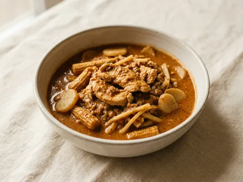 Illustration — peanut curry: chicken with baby corn, water chestnut and bamboo.