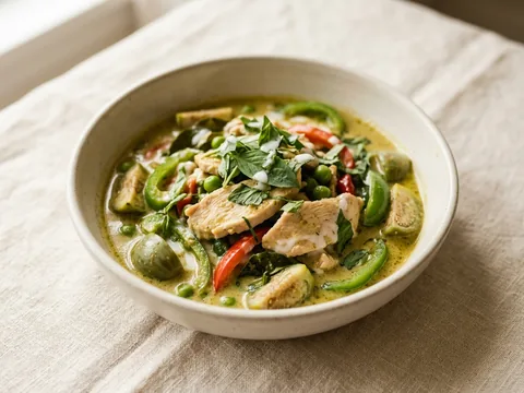Illustration — green curry with eggplant, bell pepper, peas and sweet basil.