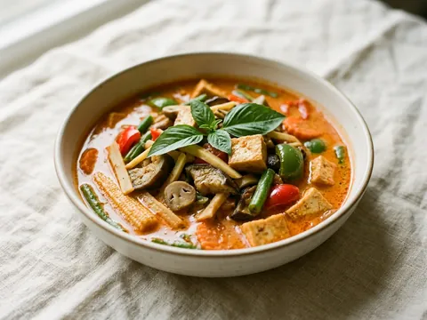 Illustration — gang ped pak: eggplant, tofu, baby corn and vegetables in red coconut curry.
