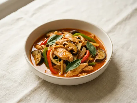 Illustration — pad ped: chicken with eggplant, bamboo and sweet basil in red coconut curry.