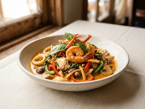 Illustration — seafood combination with shrimp, squid and crab in coconut curry.