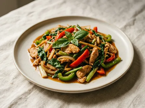 Illustration — kra prow: chicken with bell pepper, bamboo and sweet basil in spicy brown sauce.