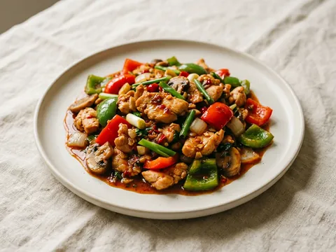 Illustration — pad prik: chicken with bell pepper, onion and mushroom in spicy garlic sauce.