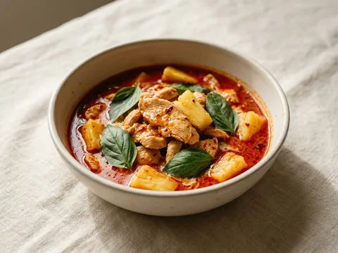 Illustration — pineapple curry: chicken and pineapple with sweet basil in red curry.