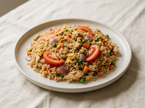 Illustration — kow pad: fried rice with chicken, tomato, pea, carrot and egg.