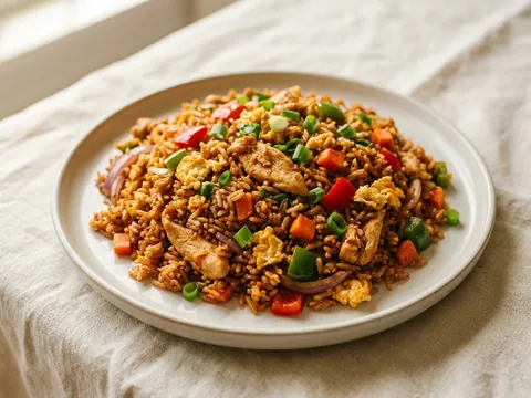 Illustration — kow pad prik pow: fried rice with chicken and bell pepper in sweet chili paste.