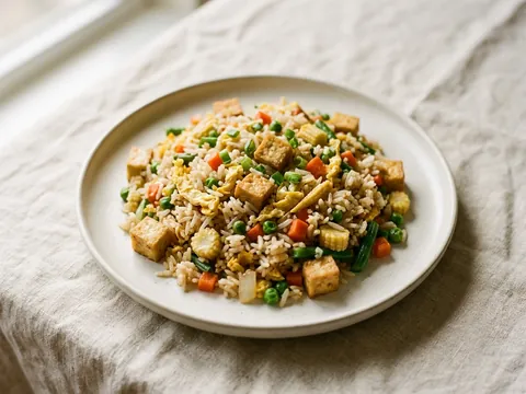 Illustration — kow pad kak: vegetable fried rice with tofu and egg.