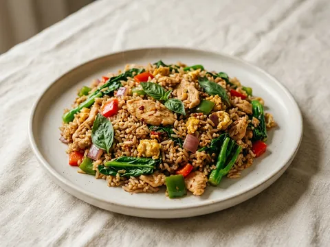 Illustration — basil fried rice with chicken, bell pepper and sweet basil in chili paste.