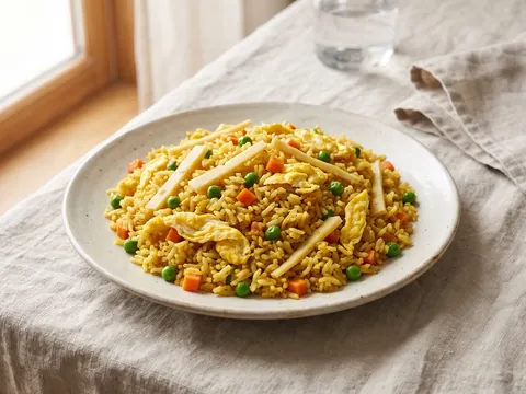 Illustration — coconut curry fried rice with bamboo strips, peas, carrot and egg.