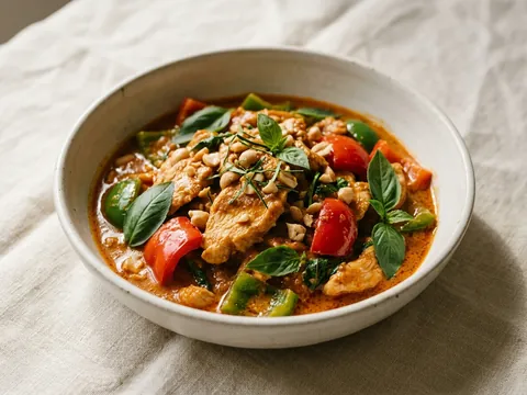 Illustration — pah nang: chicken with bell pepper and sweet basil in pah nang curry, crushed peanut.