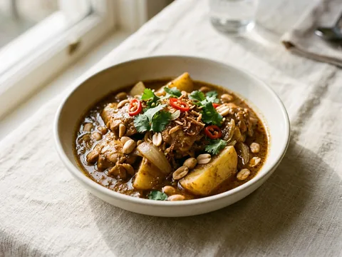 Illustration — gang ma sa mun: chicken with onion, potato and peanut in curry.