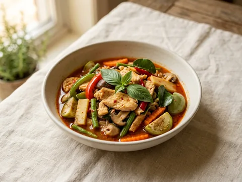 Illustration — gang pah: jungle curry with vegetables and sweet basil, no coconut.