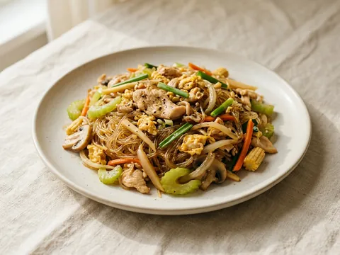 Illustration — pad woon sen: cellophane noodles with chicken, baby corn, carrot and scallion.