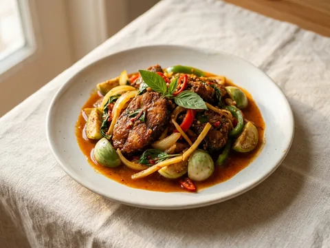 Illustration — catfish with eggplant, bamboo and sweet basil in curry sauce.
