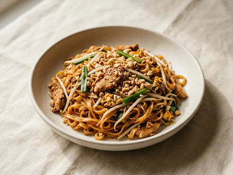 Illustration — pad thai with chicken, bean sprouts, egg and crushed peanut.