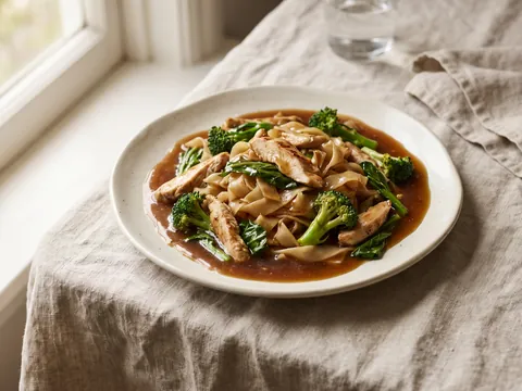 Illustration — lad na: wide noodles with chicken, broccoli and Chinese greens in brown gravy.
