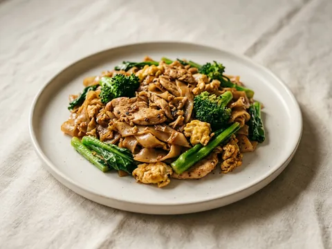 Illustration — pad see iew: wide rice noodles with chicken, broccoli and egg.