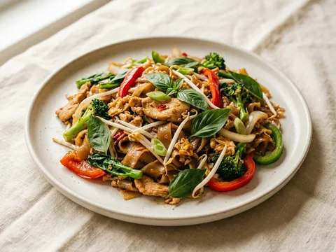 Illustration — drunken noodles with chicken, bell pepper, bean sprouts and sweet basil.