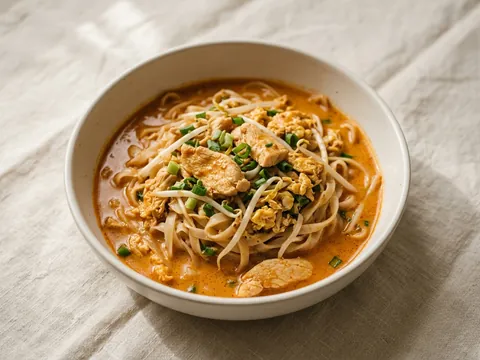 Illustration — curry noodles with chicken, bean sprouts, egg and scallion in red curry.