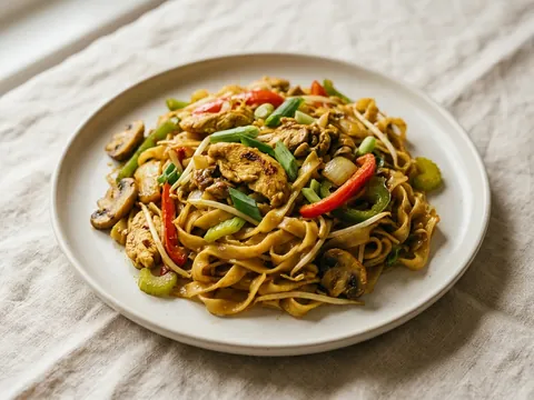 Illustration — Singapore noodles: wide noodles with chicken and vegetables in yellow curry.