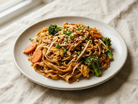 Illustration — peanut noodles: wide noodles with carrot, broccoli and egg in peanut curry.