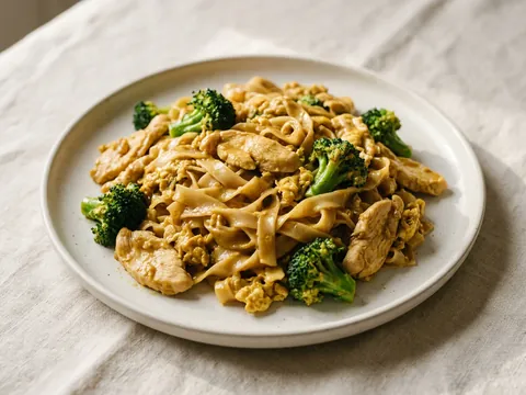 Illustration — Thai cheesy noodles: wide noodles with chicken and broccoli in cheesy curry.