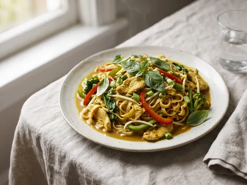 Illustration — drunken curry noodle: rice noodles in yellow curry with chicken, peppers, broccoli and basil.