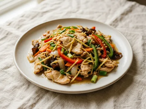 Illustration — pad khing: chicken with onion, mushroom, carrot and scallion in ginger sauce.