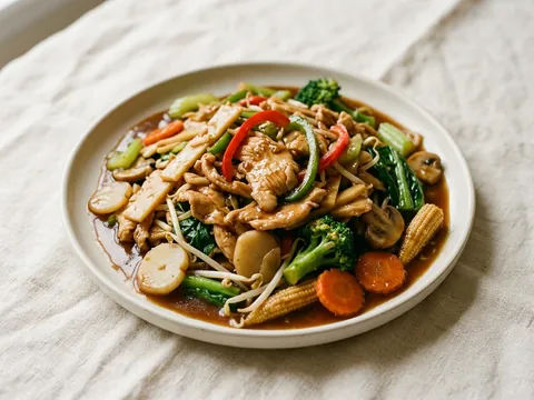 Illustration — pad pak: chicken with mixed vegetables in brown sauce.