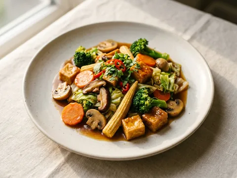 Illustration — stir-fried vegetables and tofu in brown sauce.