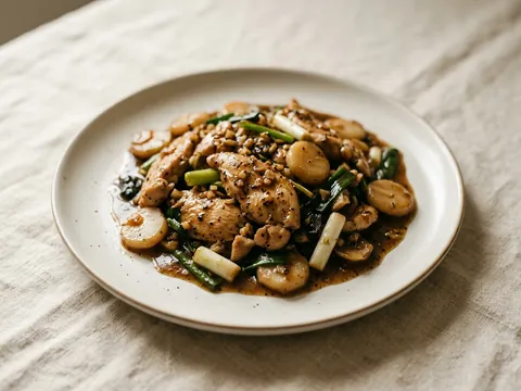 Illustration — chicken with water chestnut and scallion in garlic black pepper sauce.