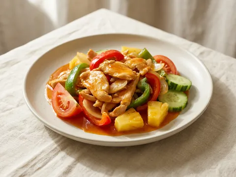 Illustration — sweet and sour chicken with pineapple, tomato, pepper and cucumber.