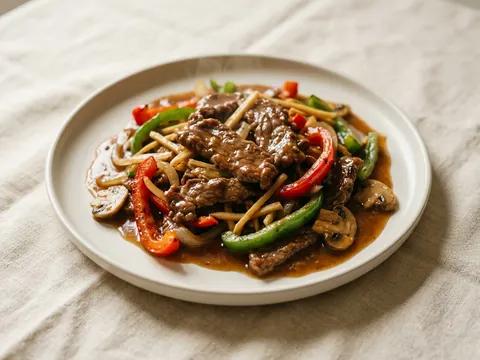 Illustration — pepper steak: beef with bell pepper, onion, bamboo and mushroom in brown gravy.