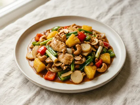 Illustration — cashew chicken with pineapple, bell pepper and cashews in sweet chili brown sauce.
