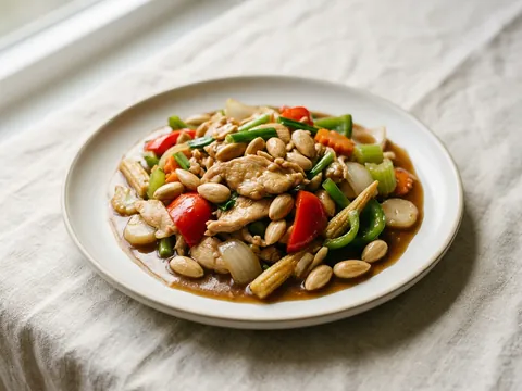 Illustration — almond chicken with baby corn, water chestnut, celery and almonds in brown gravy.