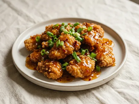 Illustration — Thai chicken: breaded chicken in Thai sweet sauce with scallion.