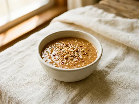 Illustration — a dish of thick peanut satay sauce.