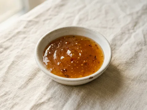 Illustration — a dish of amber sweet plum sauce.