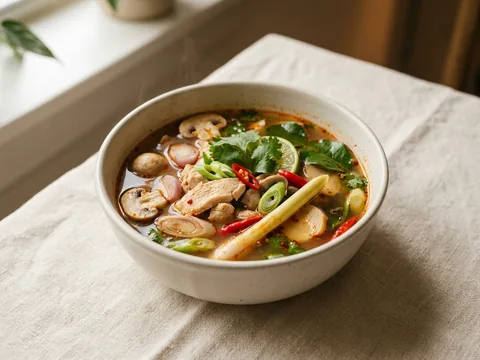 Illustration — tom yum: spicy sour broth with chicken, mushroom and scallion.